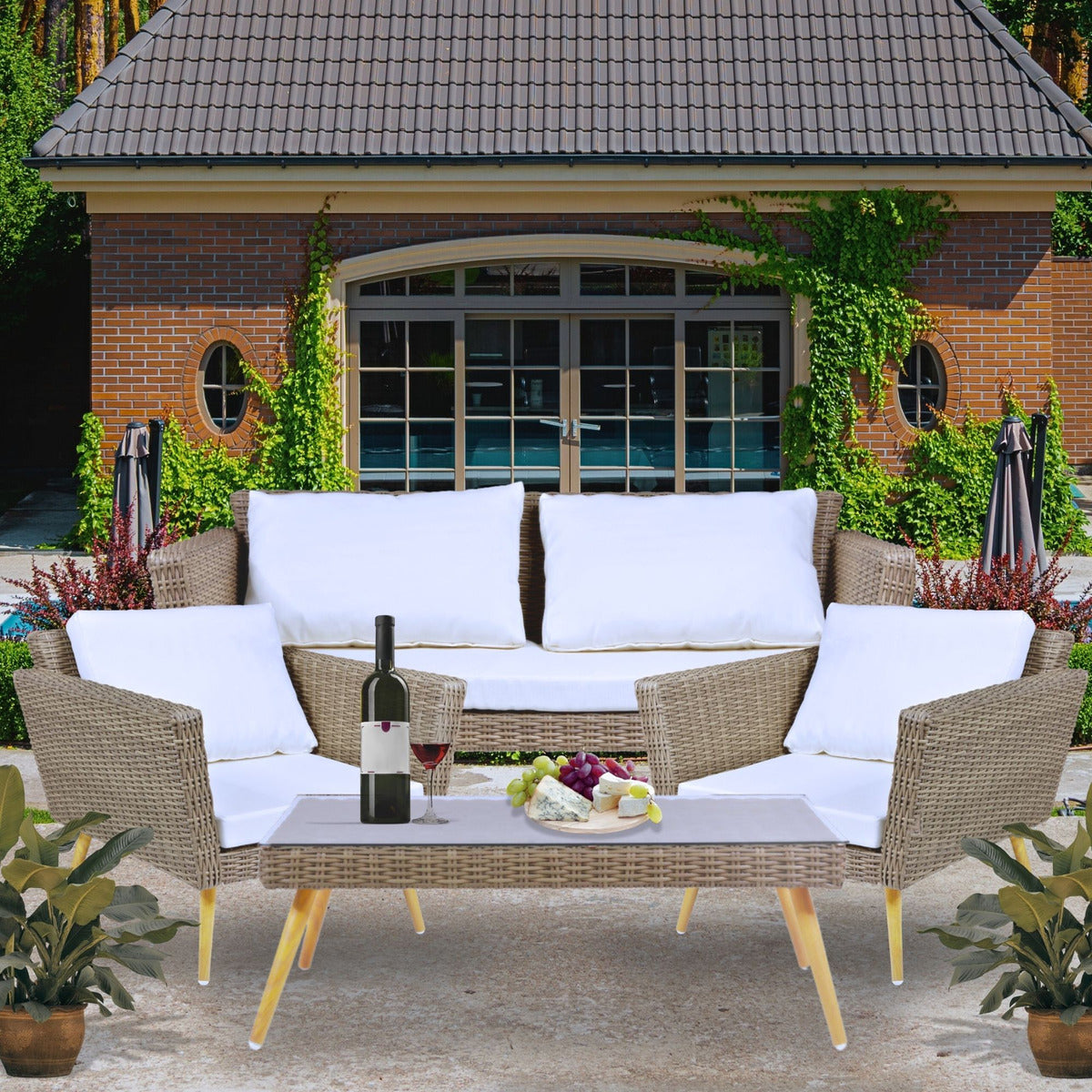 Sala Exterior 4pzs Tipo Rattan Patio Terraza Jardin Beige