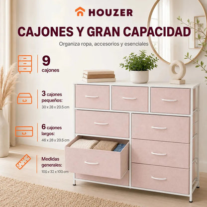 Comoda Cajonera 9 Cajones Tela Marco Acero Organizador Beige