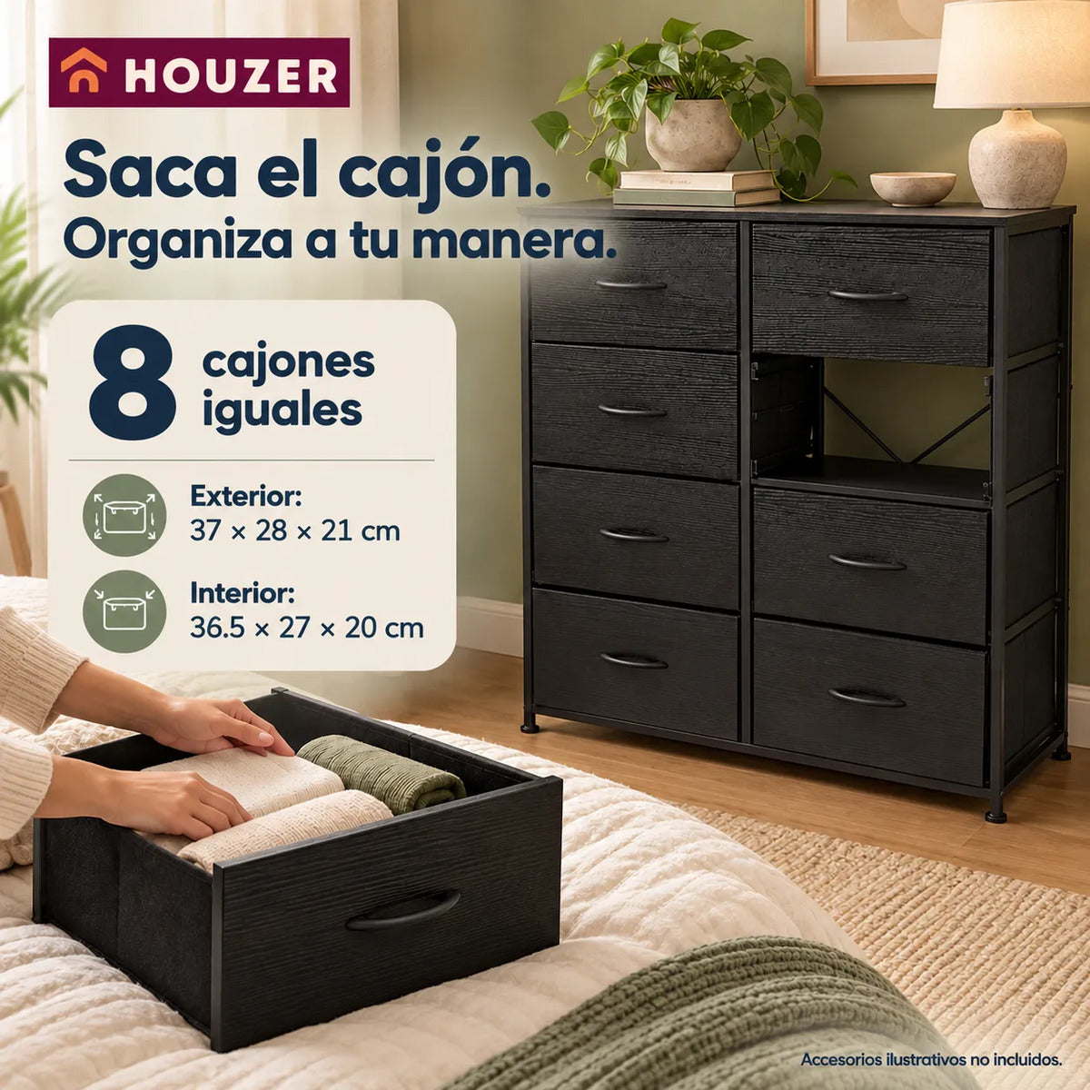 Comoda Cajonera Organizador Vertical 8 Cajones Acero Repisa Negro