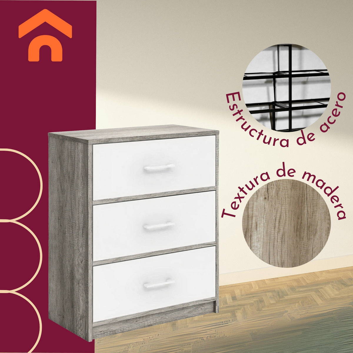 Mueble Comoda Cajonera 3 Cajones Tela Estructura Acero Mdf