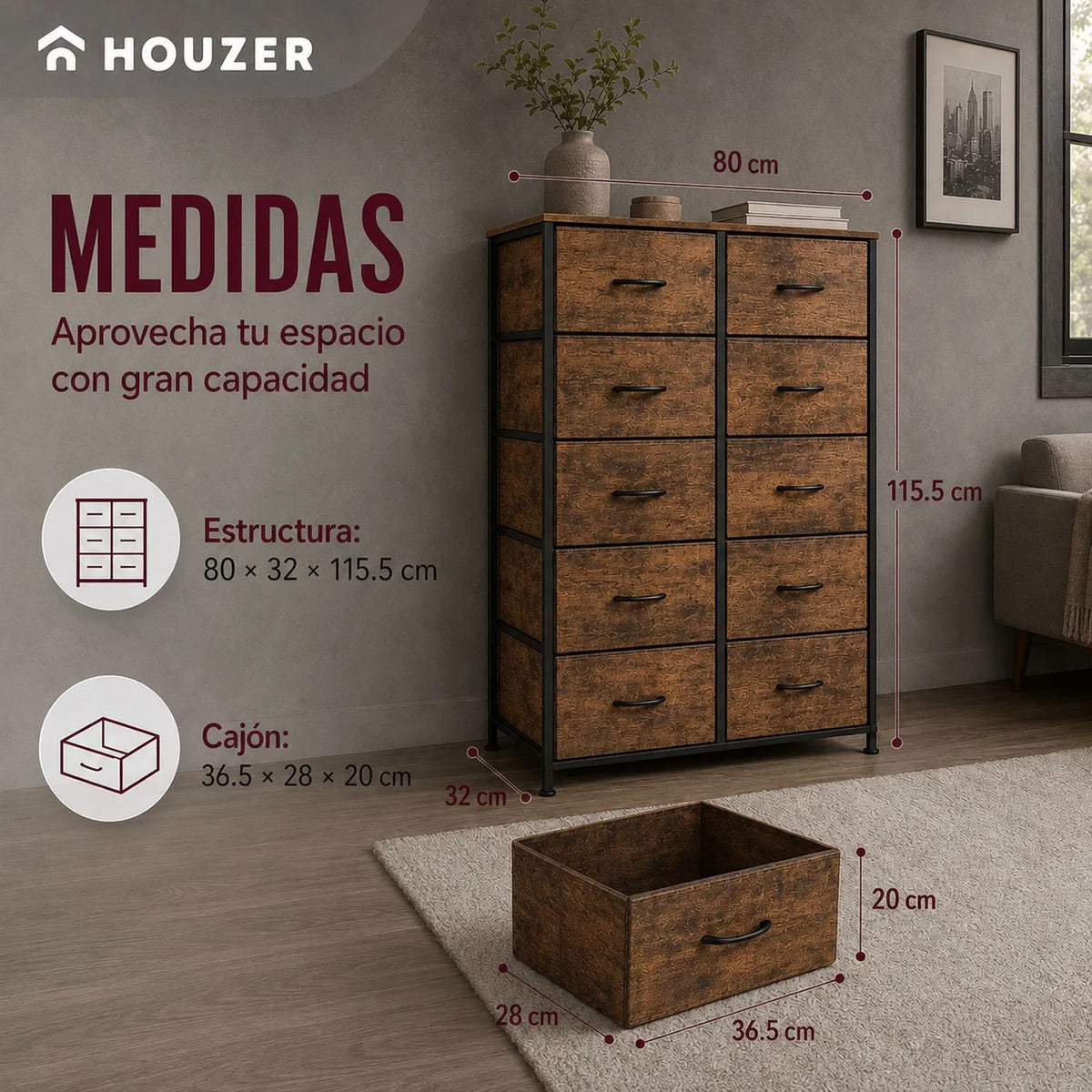 Comoda 10 Cajones Estructura Acero Cajonera Organizadora Marrón