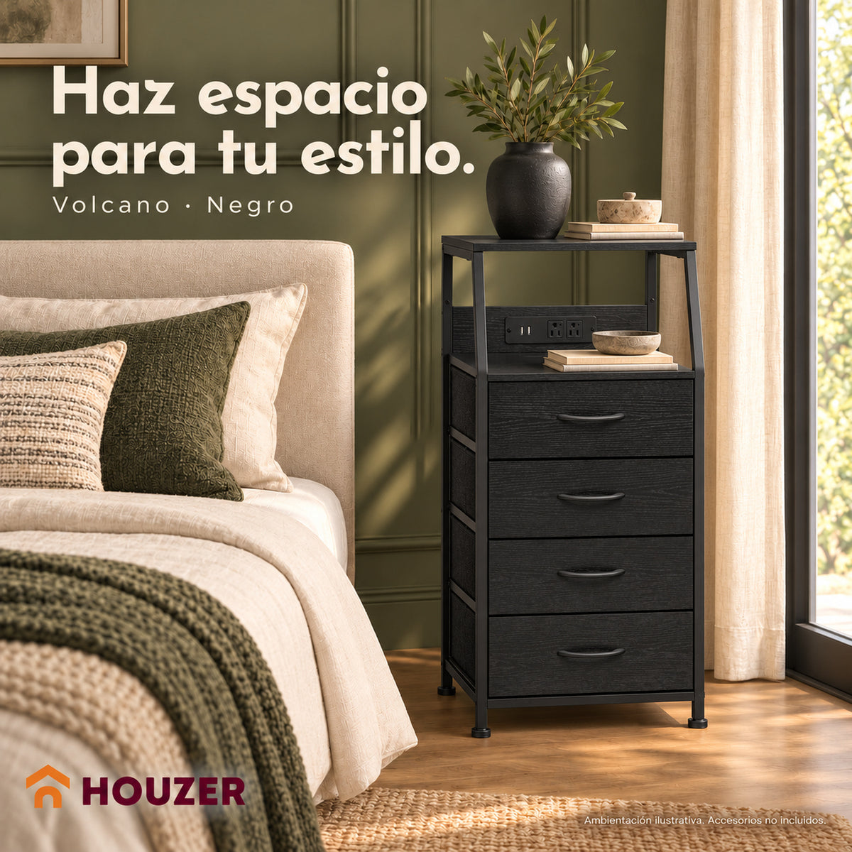 Buro Alto Mesa Noche 4 Cajones Organizador Enchufe Electrico Mate Volcano