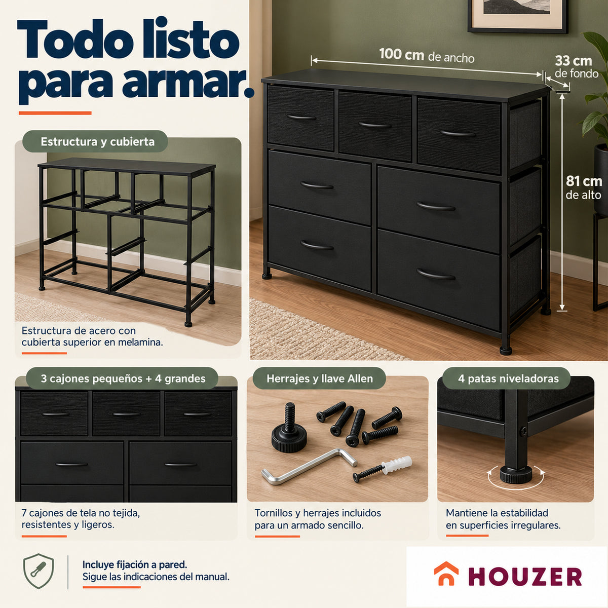 Comoda Cajonera Horizontal 7 Cajones Organizador Recamara Volcano