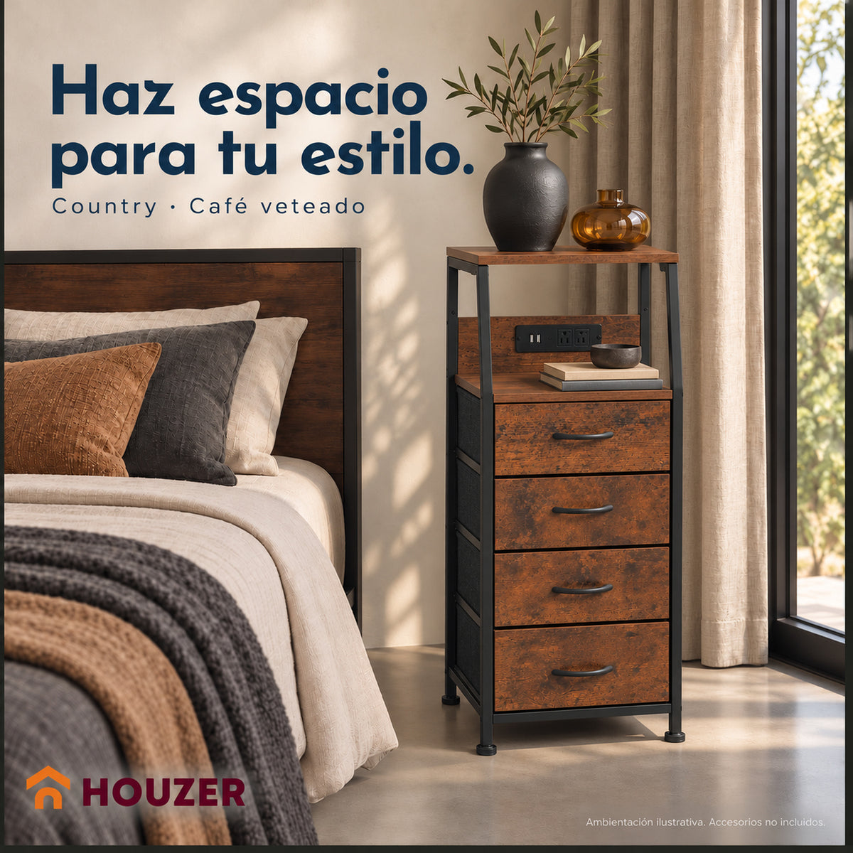 Buro Alto Mesa Noche 4 Cajones Organizador Enchufe Electrico Mate Country