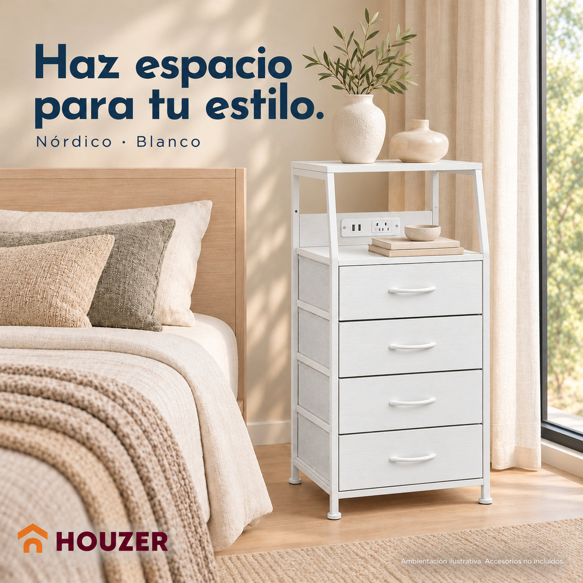 Buro Alto Mesa Noche 4 Cajones Organizador Enchufe Electrico Mate Nórdico