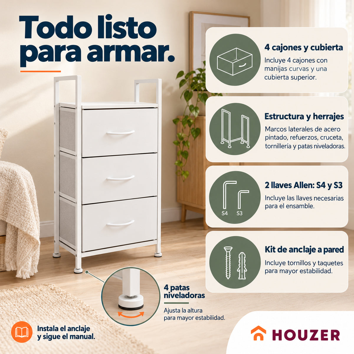 Comoda Cajonera Vertical 4 Cajones Organizador Ropa Recamara Nordico