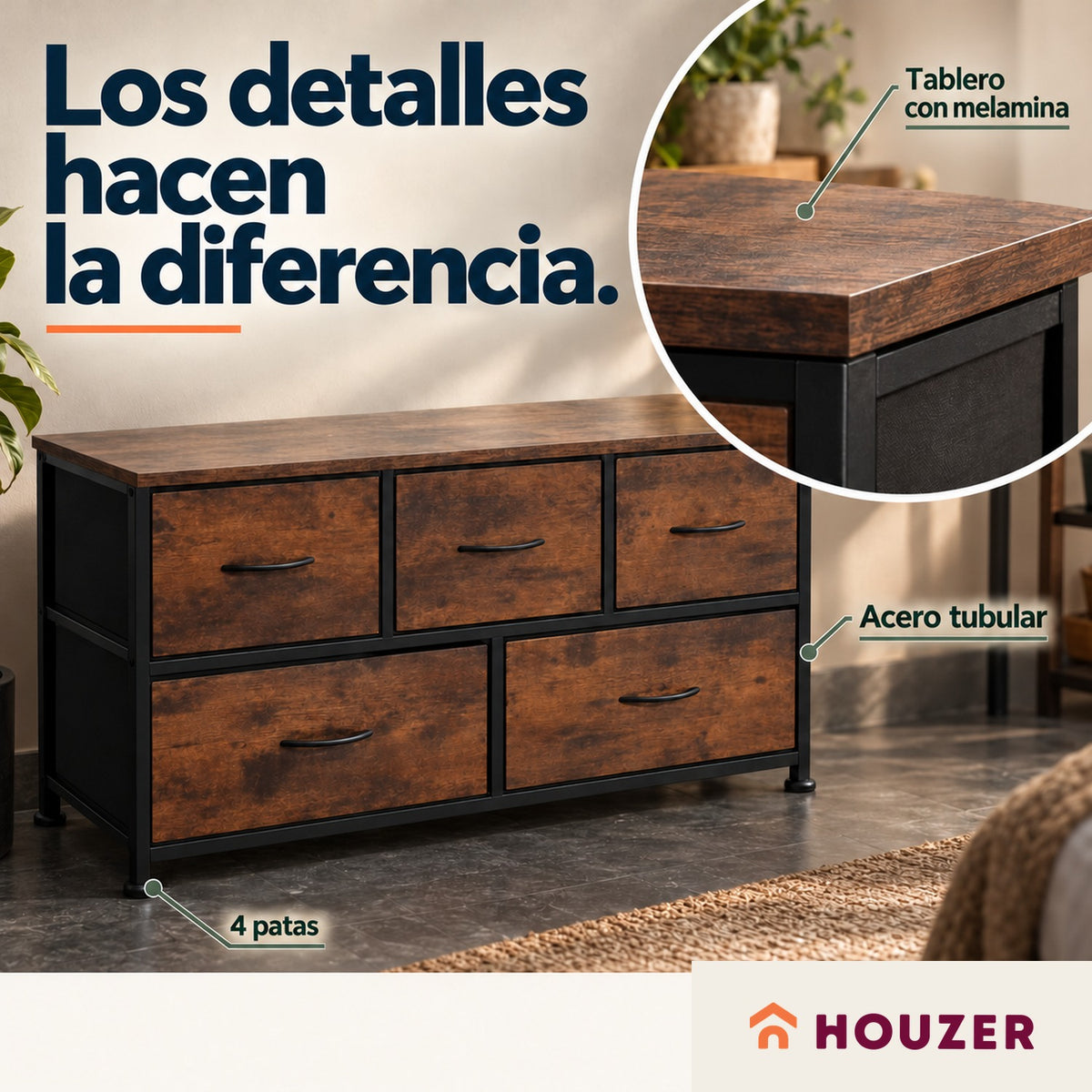 Comoda Cajonera Horizontal 5 Cajones Organizador Acero Country