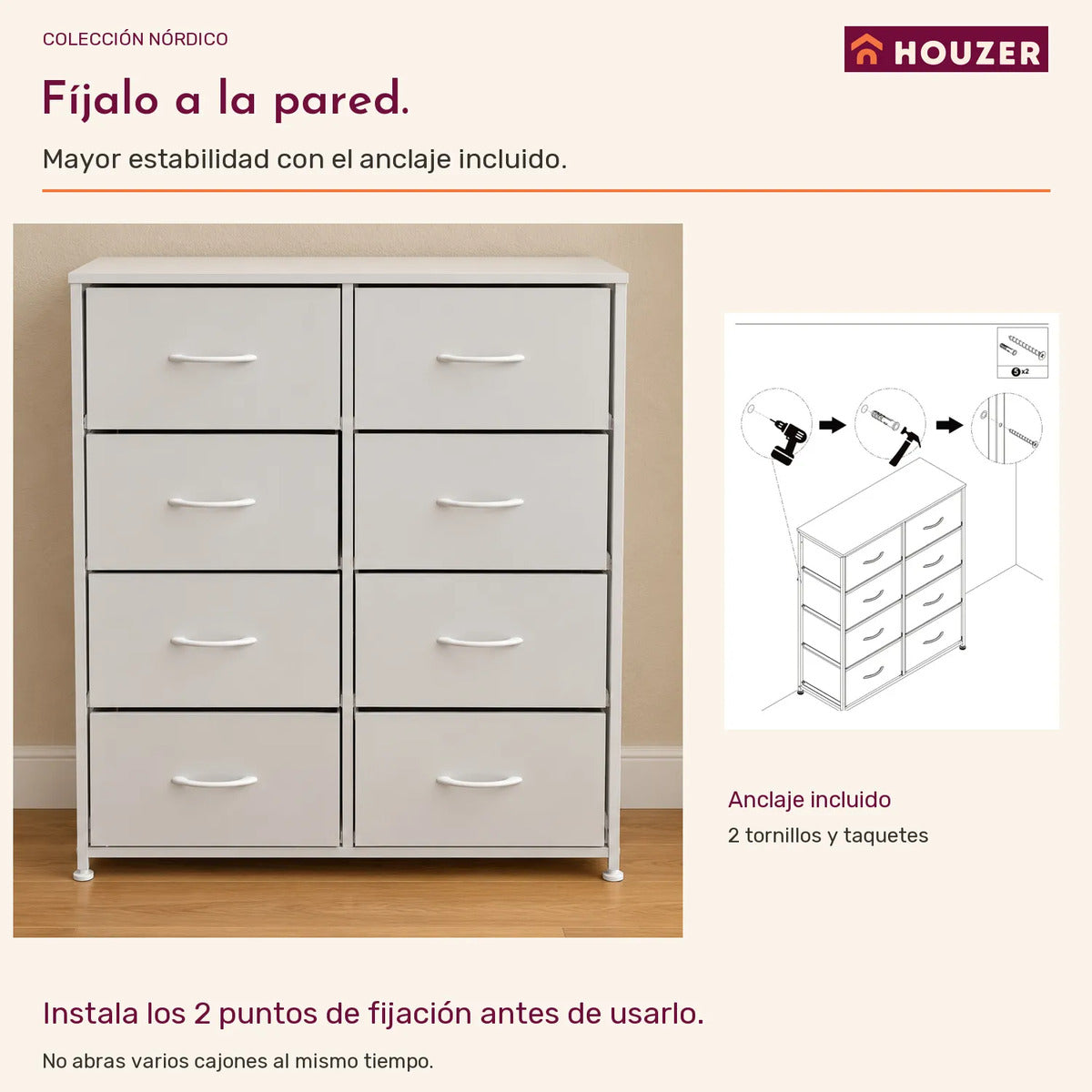 Comoda Cajonera Organizador Vertical 8 Cajones Acero Repisa Blanco