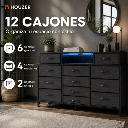 Comoda Cajonera 12 Cajones Tela Enchufes Usb Luz Led Rgb Negro