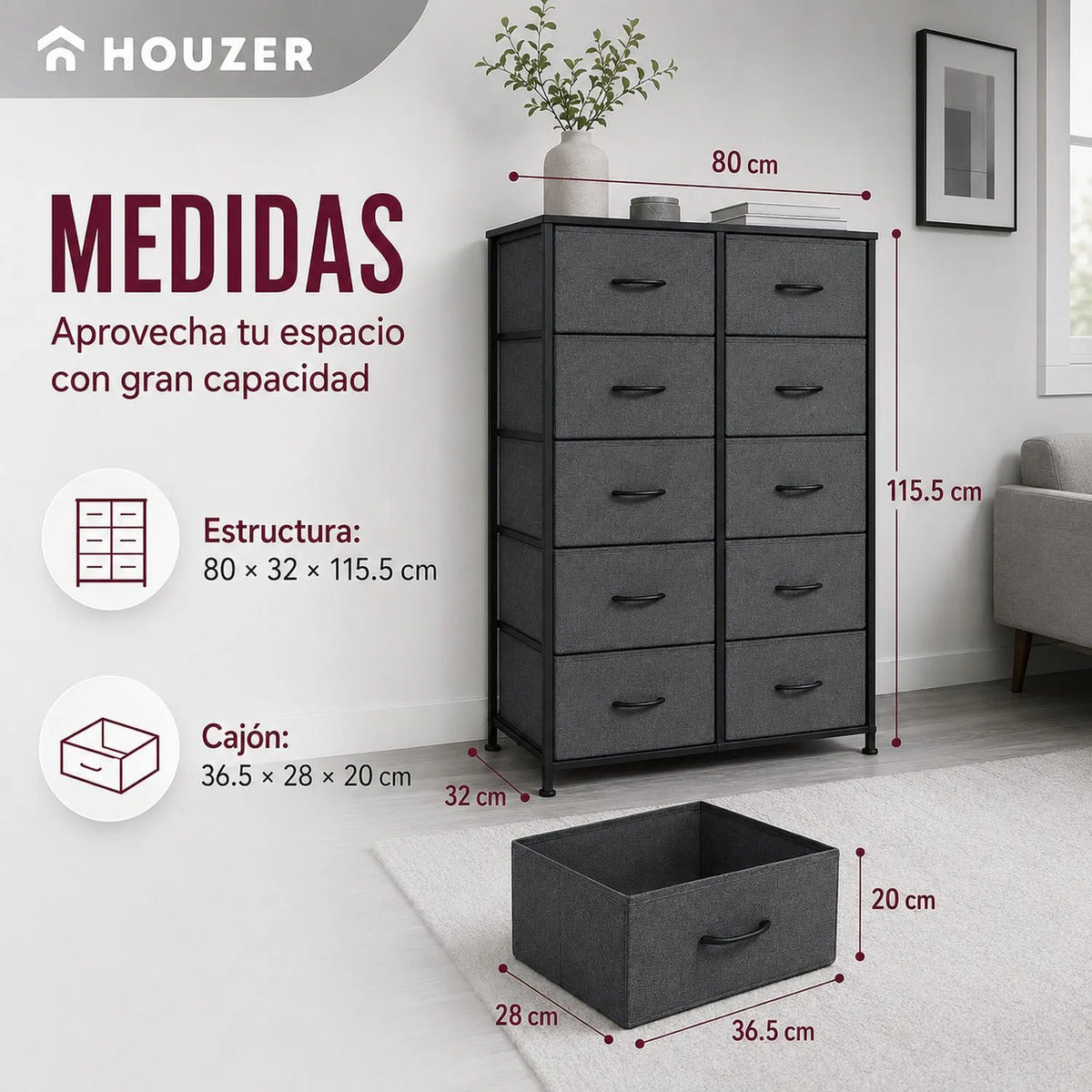 Comoda 10 Cajones Estructura Acero Cajonera Organizadora Gris