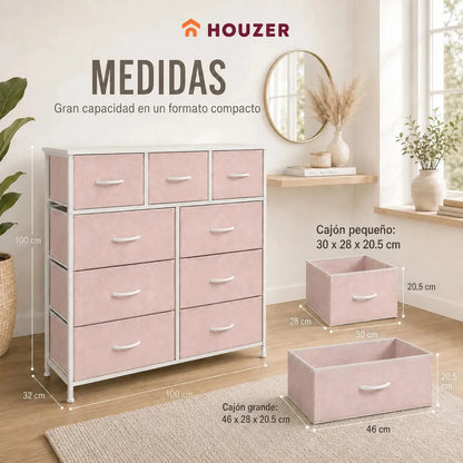 Comoda Cajonera 9 Cajones Tela Marco Acero Organizador Beige