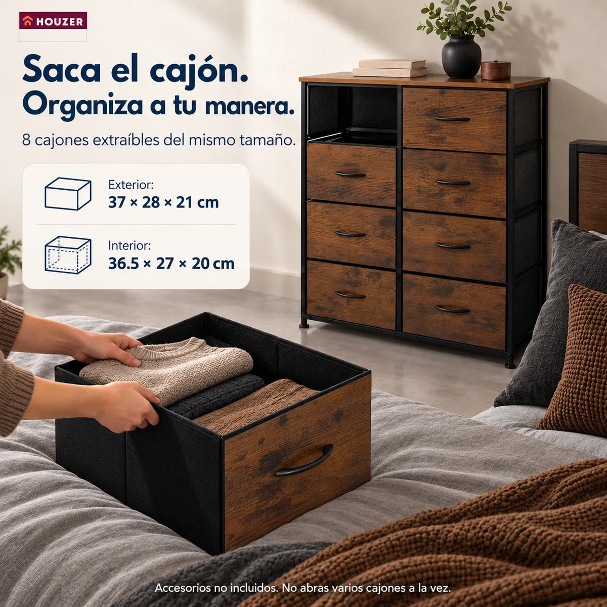 Comoda Cajonera Organizador Vertical 8 Cajones Acero Repisa Marrón