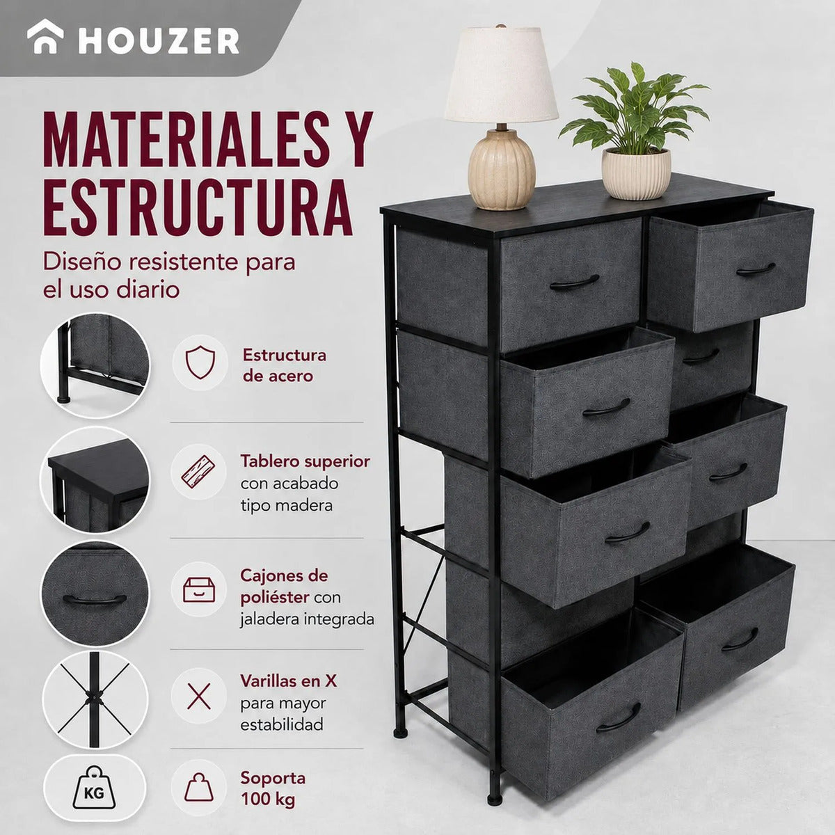 Comoda 10 Cajones Estructura Acero Cajonera Organizadora Gris