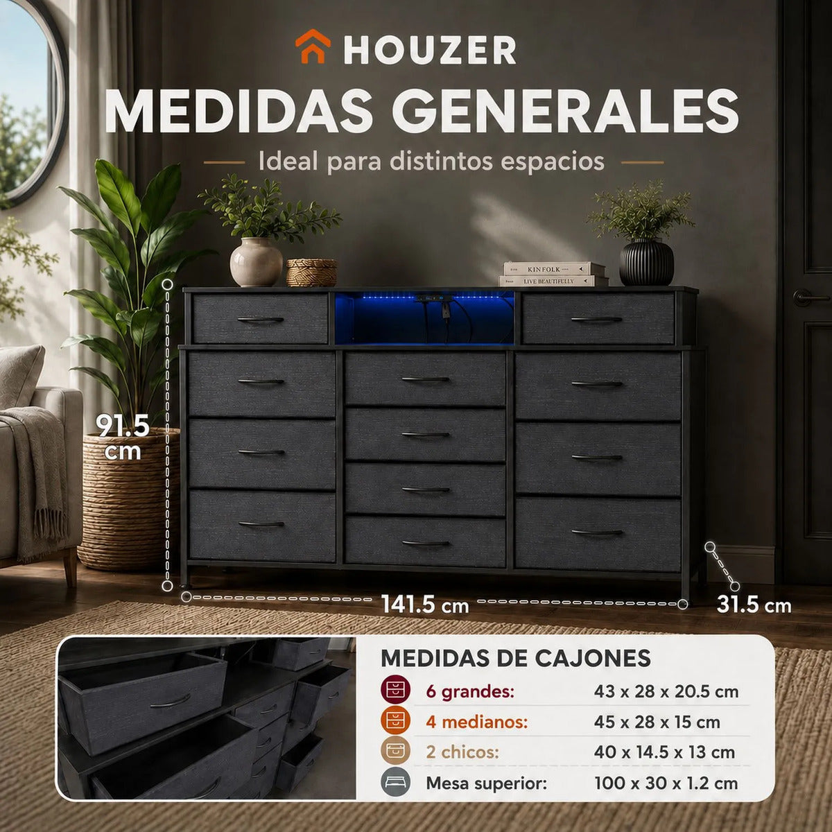 Comoda Cajonera 12 Cajones Tela Enchufes Usb Luz Led Rgb Negro