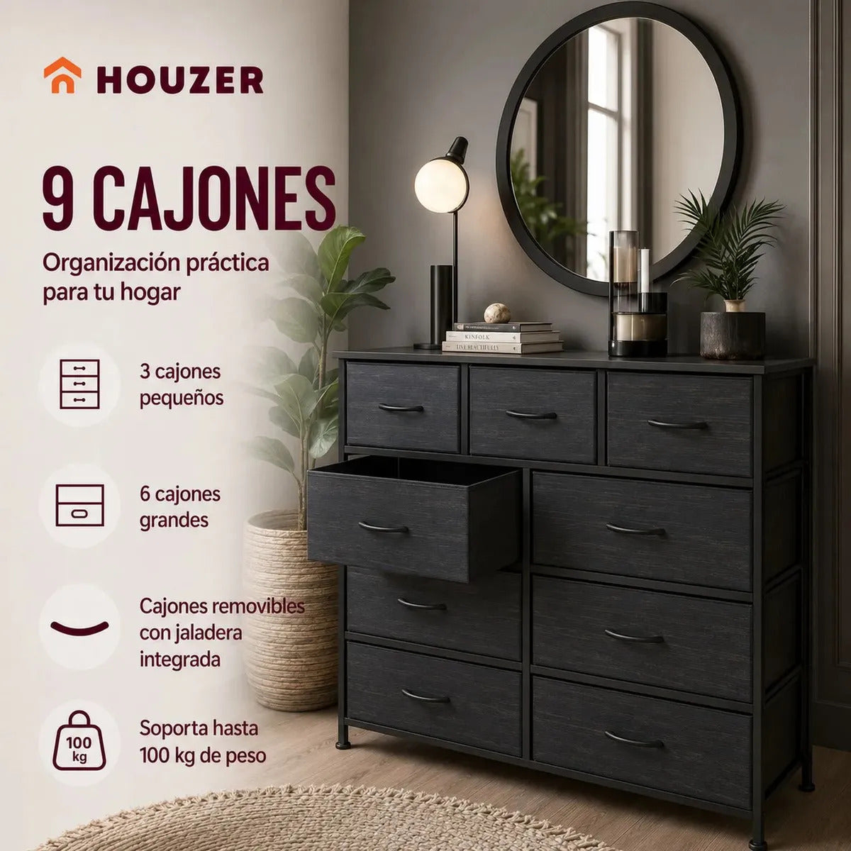 Comoda Cajonera 9 Cajones Tela Marco Acero Organizador Gris