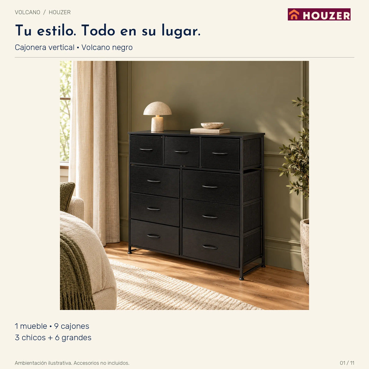 Comoda Cajonera Vertical 9 Cajones Organizador Ropa Recamara Negro