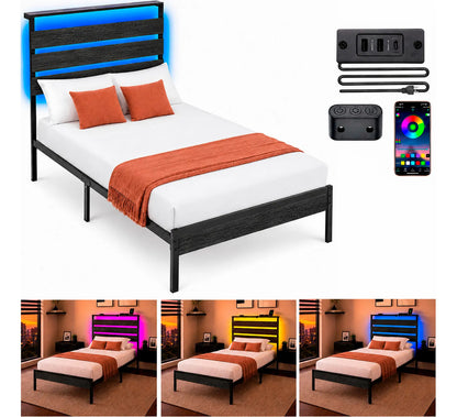 Base Cama Individual Moderna Luz Led Usb C Reforzada 300kg Negro