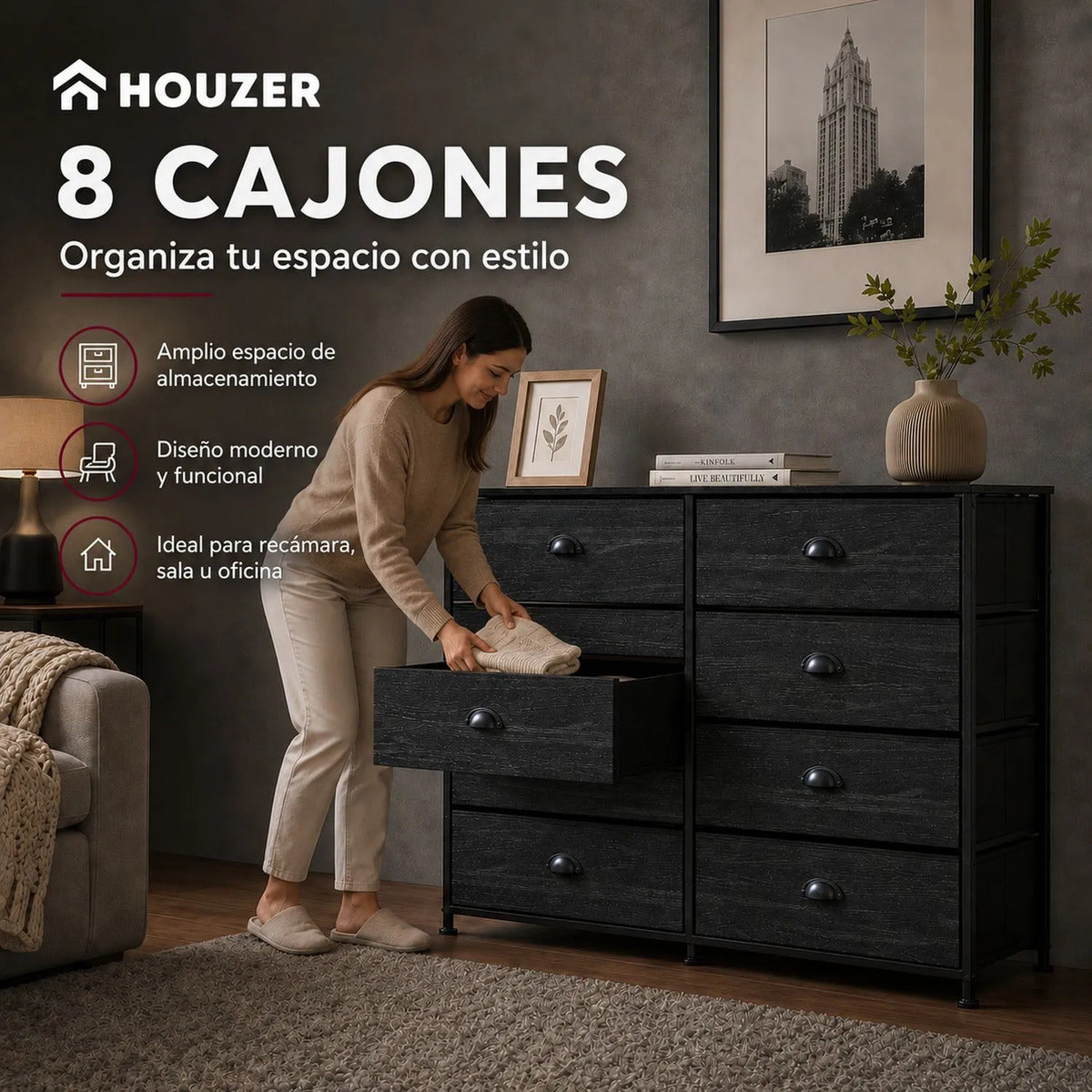 Comoda Cajonera 8 Cajones Mueble Organizador Ropa Negro Negro