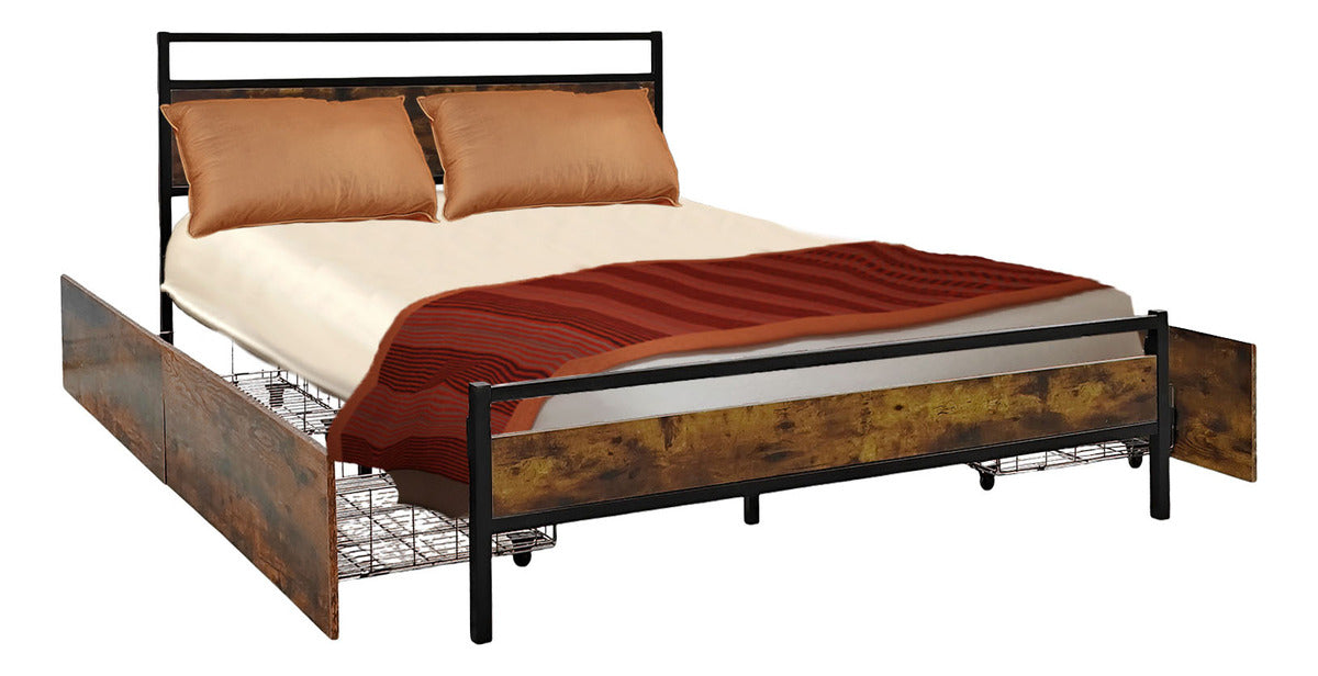 Base Cama Queen Country Tipo Madera Cajones Metal Acero