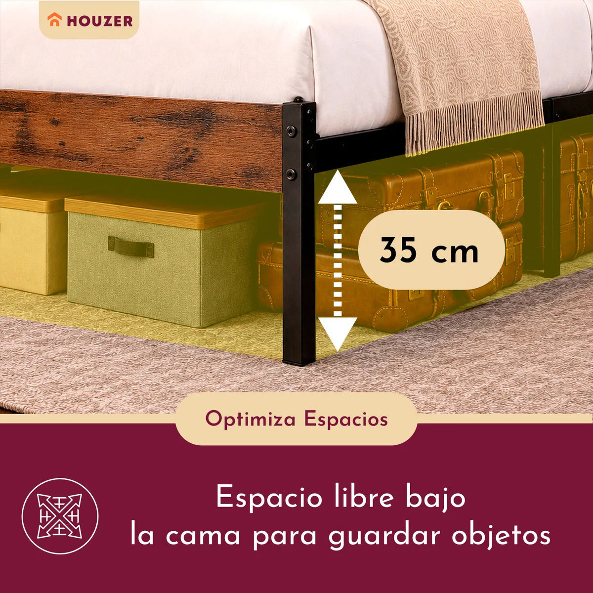 Base Cama Matrimonial Reforzada 750kg Cabecera Luz Led Usb C Marrón