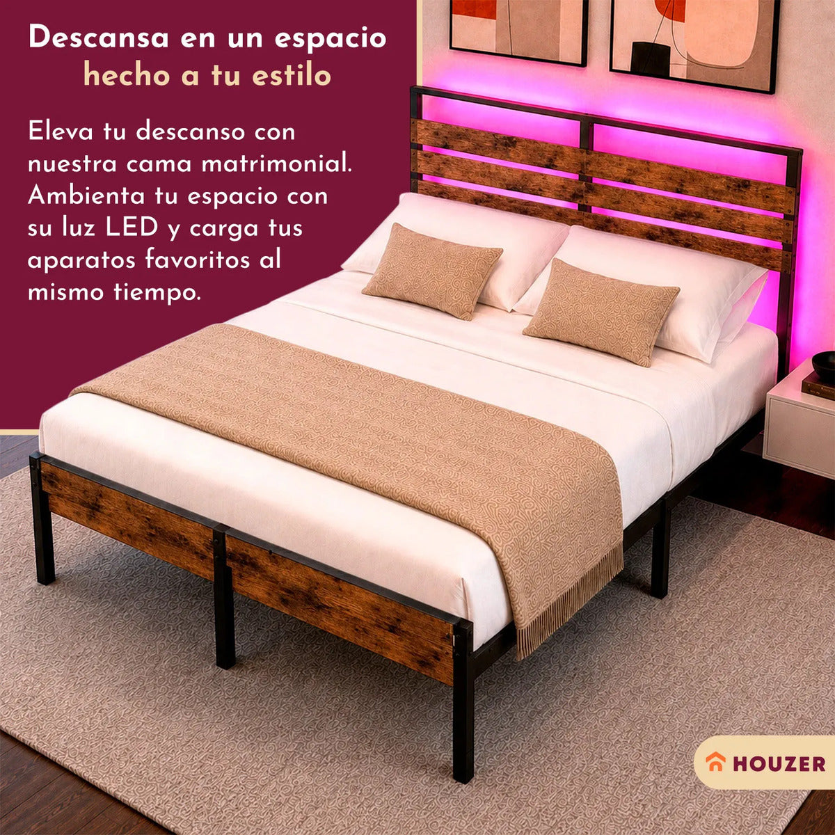 Base Cama Matrimonial Reforzada 750kg Cabecera Luz Led Usb C Marrón