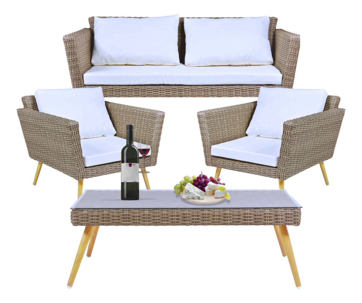 Sala Exterior 4pzs Tipo Rattan Patio Terraza Jardin Beige