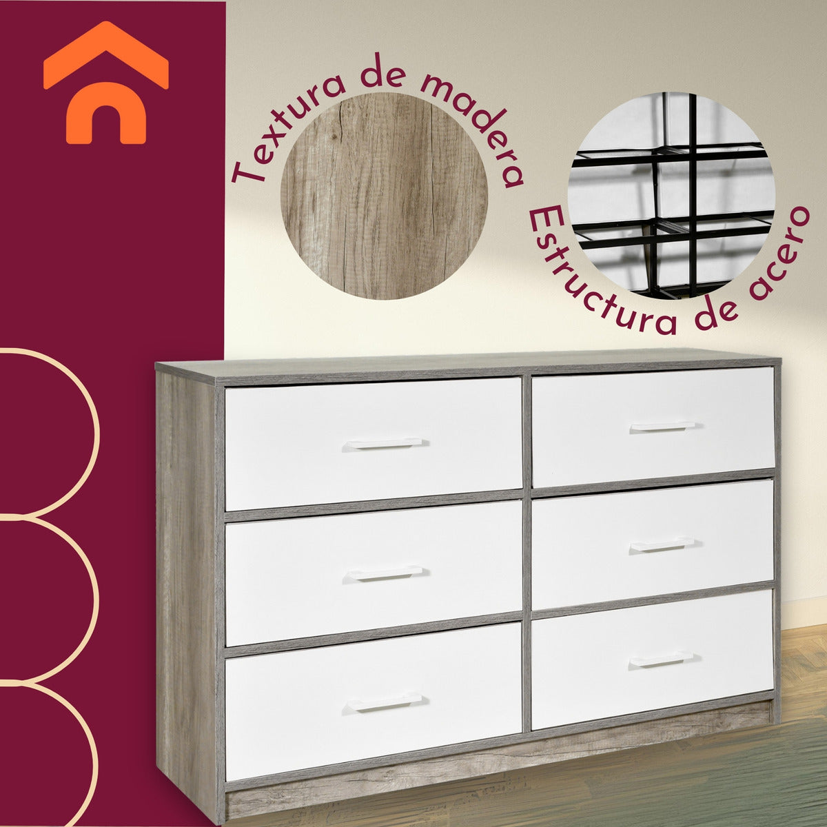 Mueble Comoda Cajonera 6 Cajones Tela Estructura Acero Mdf Color Beige