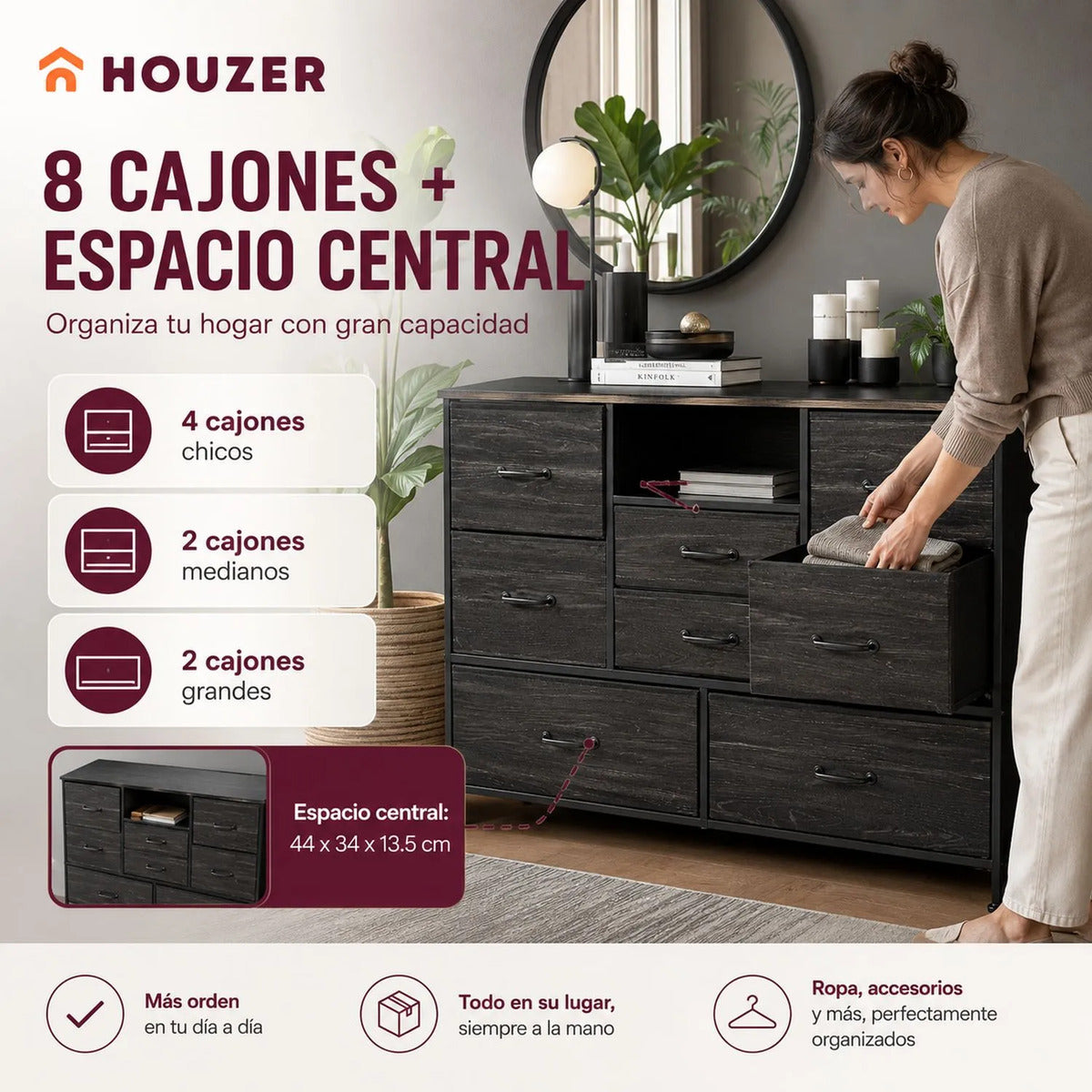 Comoda Cajonera Negra 8 Cajones Estacion Carga Organizador Negro