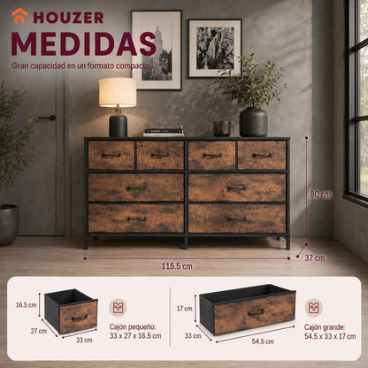 Comoda Cajonera 10 Cajones Tela Marco Acero Organizador Marrón