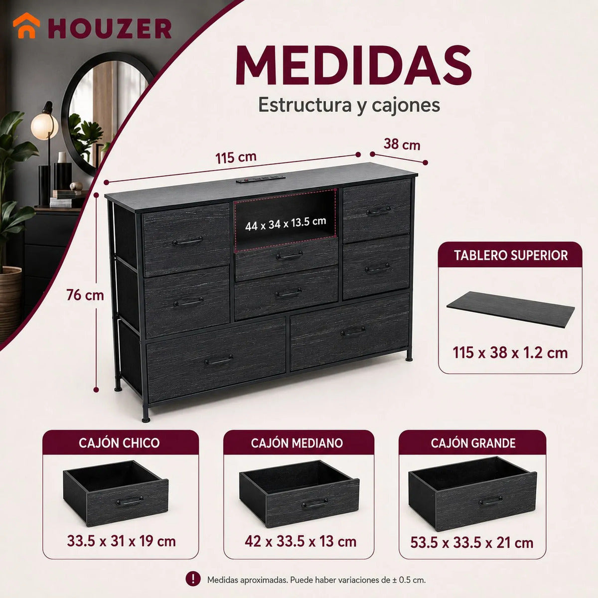 Comoda Cajonera Negra 8 Cajones Estacion Carga Organizador Negro