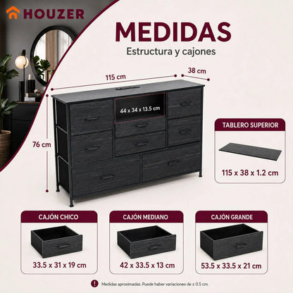 Comoda Cajonera Negra 8 Cajones Estacion Carga Organizador Negro