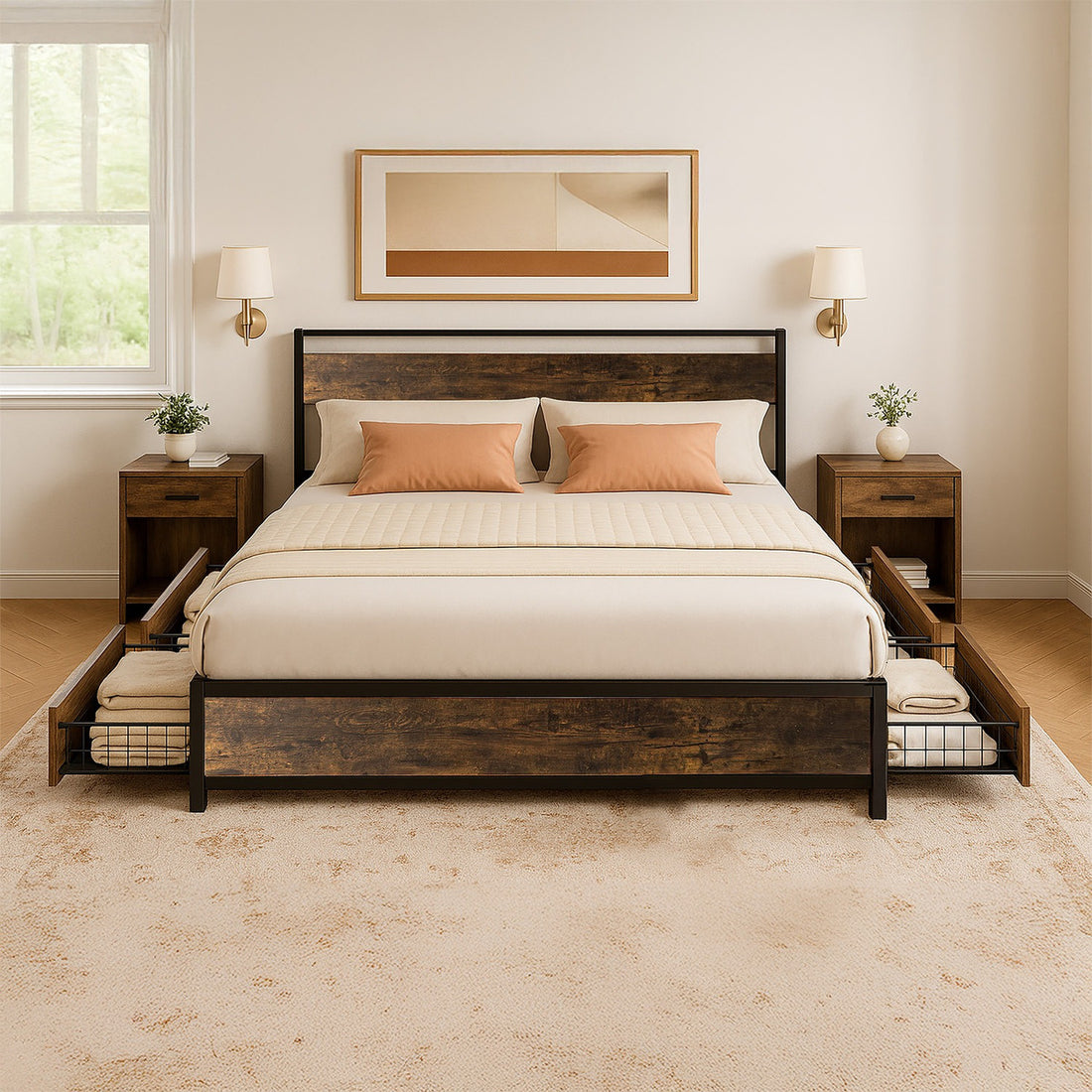 Base Cama Queen Country Tipo Madera Cajones Metal Acero