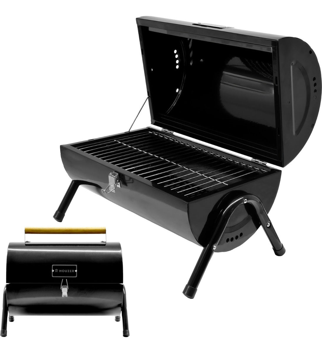 Asador Carbon Portatil Tipo Barril Negro 2 Parrillas 42x35