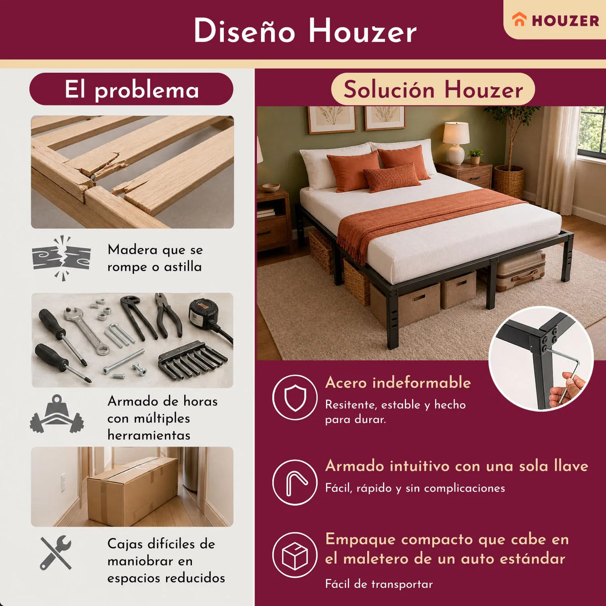 Base Cama Matrimonial Plegable Reforzada Soporta 500kg Acero Negro