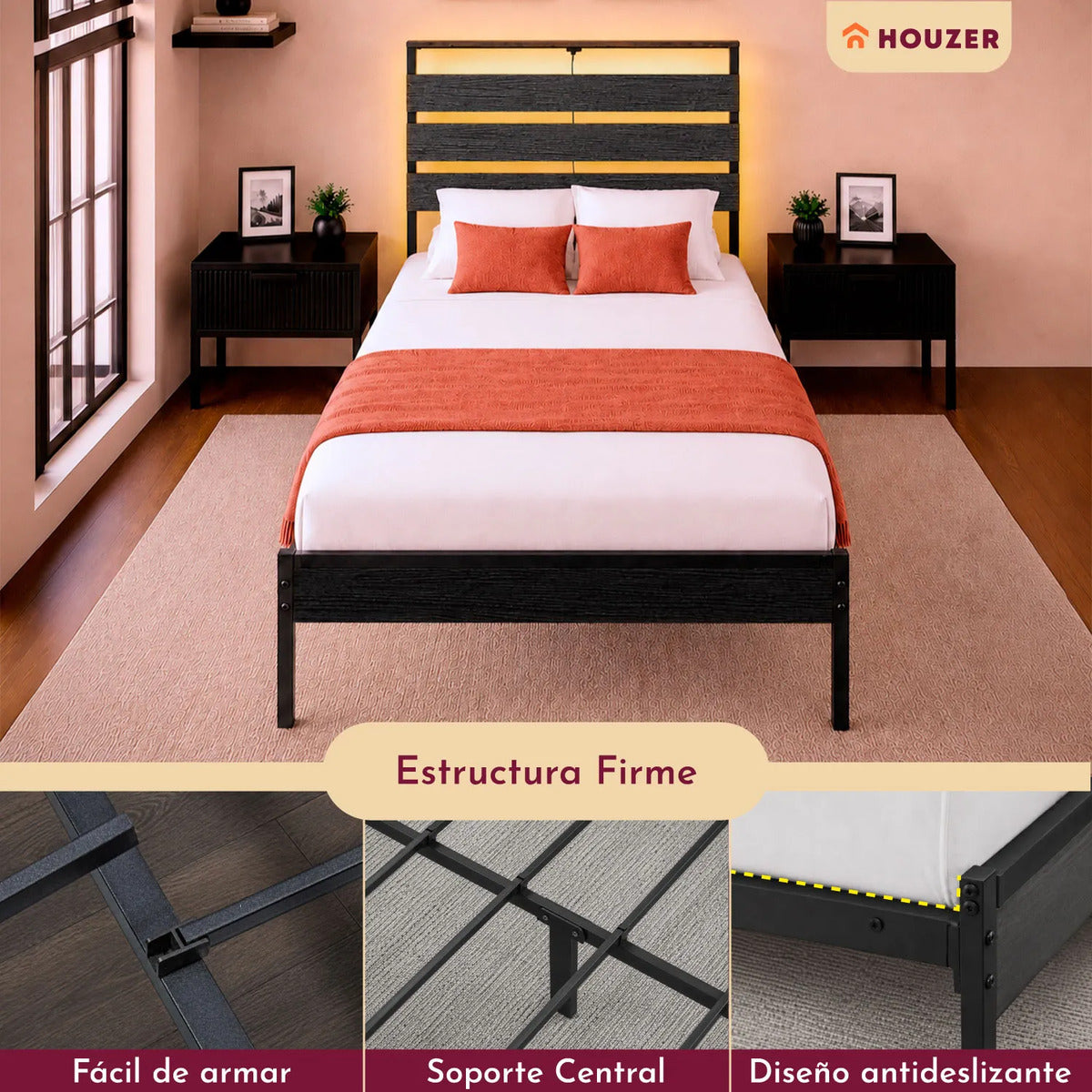 Base Cama Individual Moderna Luz Led Usb C Reforzada 300kg Negro