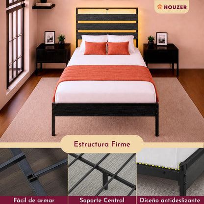 Base Cama Individual Moderna Luz Led Usb C Reforzada 300kg Negro