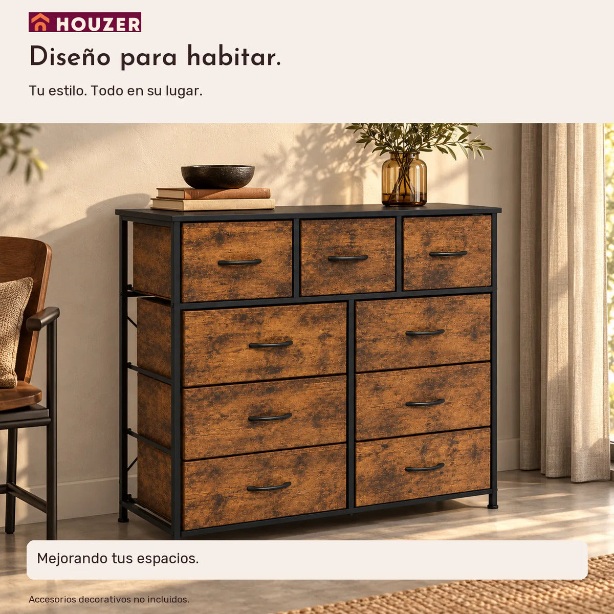 Comoda Cajonera Vertical 9 Cajones Organizador Ropa Recamara Marrón