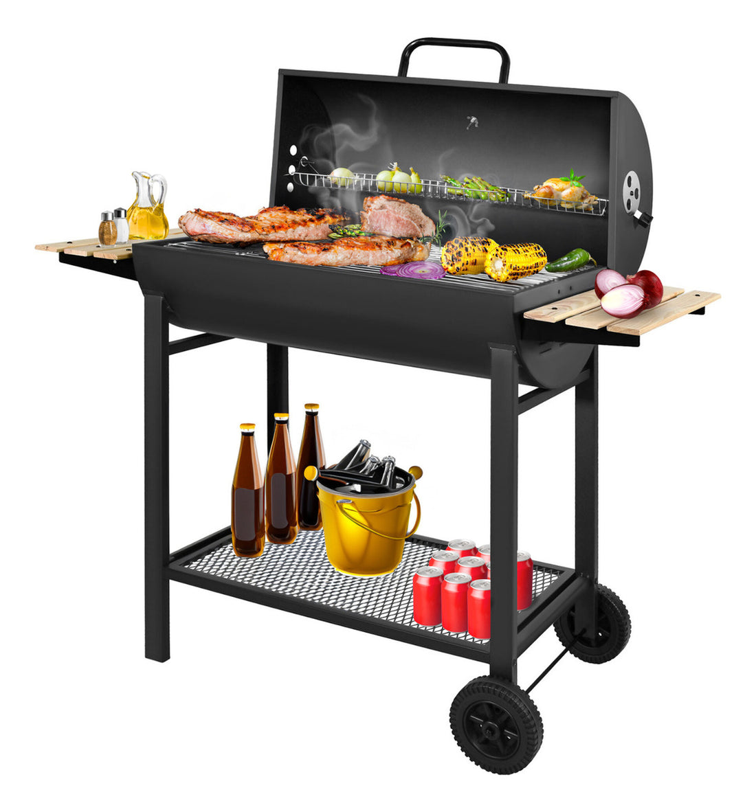 Asador Carbon Tipo Barril Parrilla Ahumador Bbq 1m C/ Ruedas