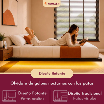 Base Cama Flotante Matrimonial Size Con Luces Led+app 191 Cm Negro