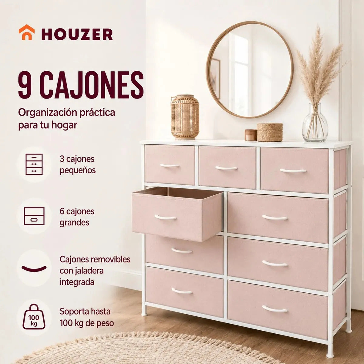 Comoda Cajonera 9 Cajones Tela Marco Acero Organizador Beige
