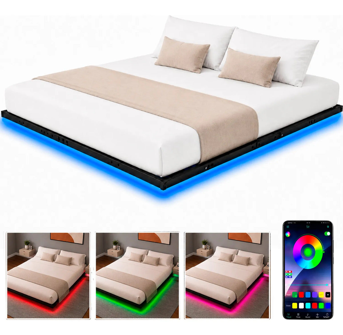 Base Cama King Flotante Reforzada 1000kg Led 202x192x20cm Negro