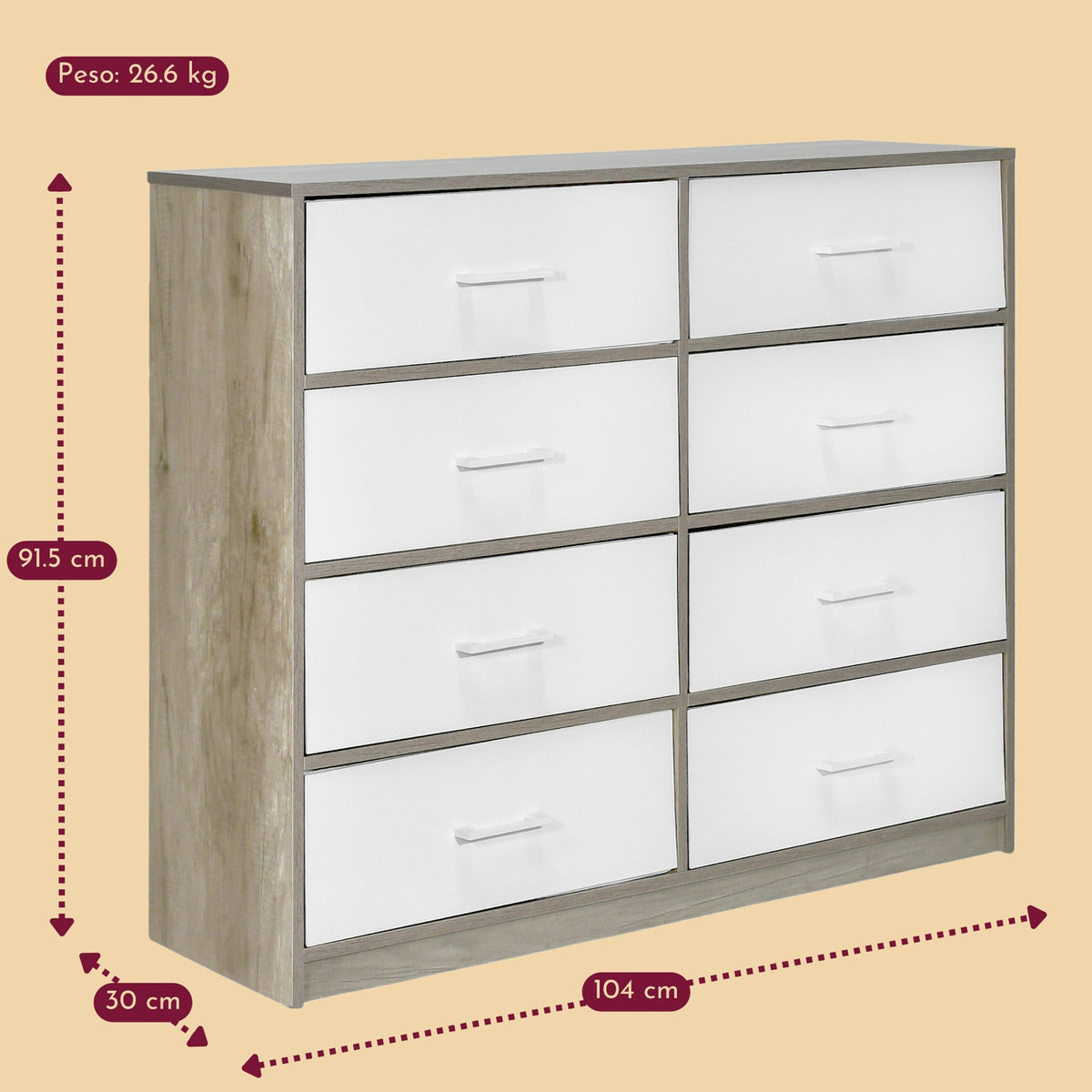 Comoda 8 Cajones Cajonera Tela Estructura Acero Mdf Color Beige