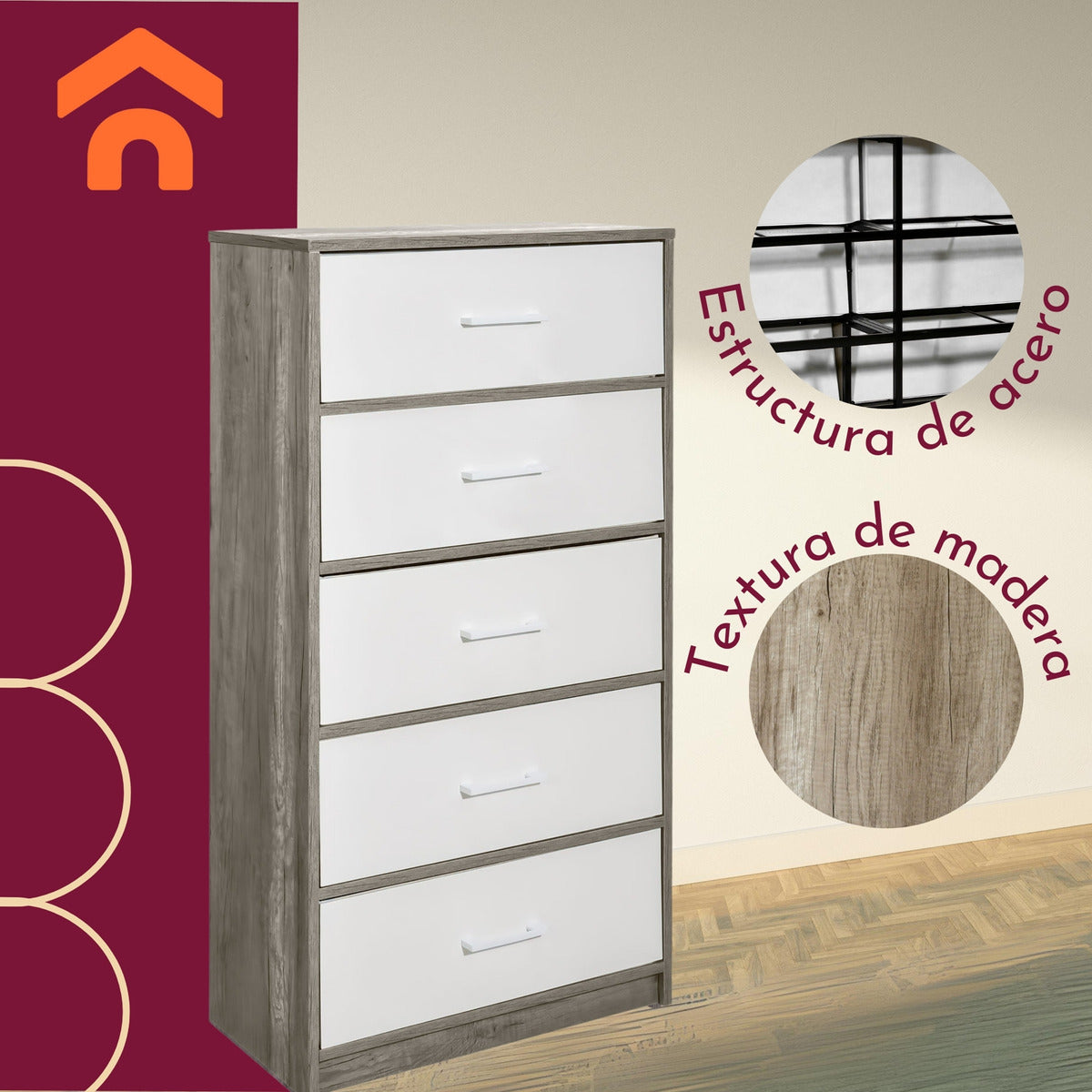 Mueble Comoda Cajonera 5 Cajones Tela Estructura Acero Mdf Color Beige