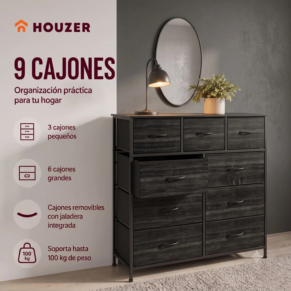 Comoda Cajonera 9 Cajones Tela Marco Acero Organizador Negro
