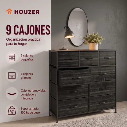 Comoda Cajonera 9 Cajones Tela Marco Acero Organizador Negro