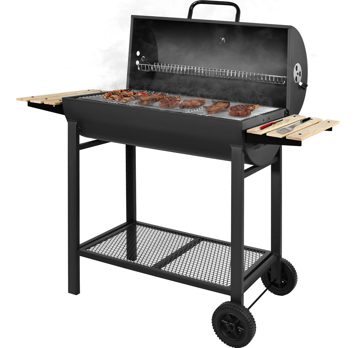 Asador Carbon Tipo Barril Parrilla Ahumador Bbq 1m C/ Ruedas