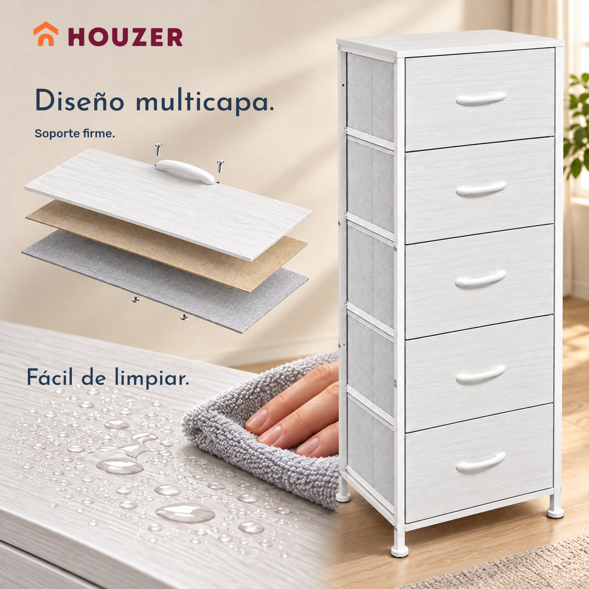 Comoda Cajonera Vertical 5 Cajones Acero Repisa Organizador Nórdico