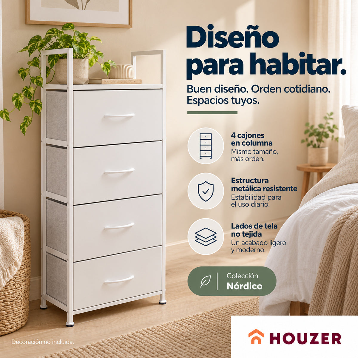Comoda Cajonera Vertical 4 Cajones Organizador Ropa Recamara Nordico