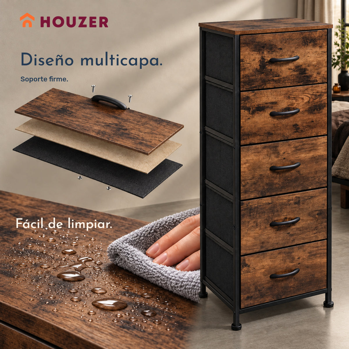 Comoda Cajonera Vertical 5 Cajones Acero Repisa Organizador Country