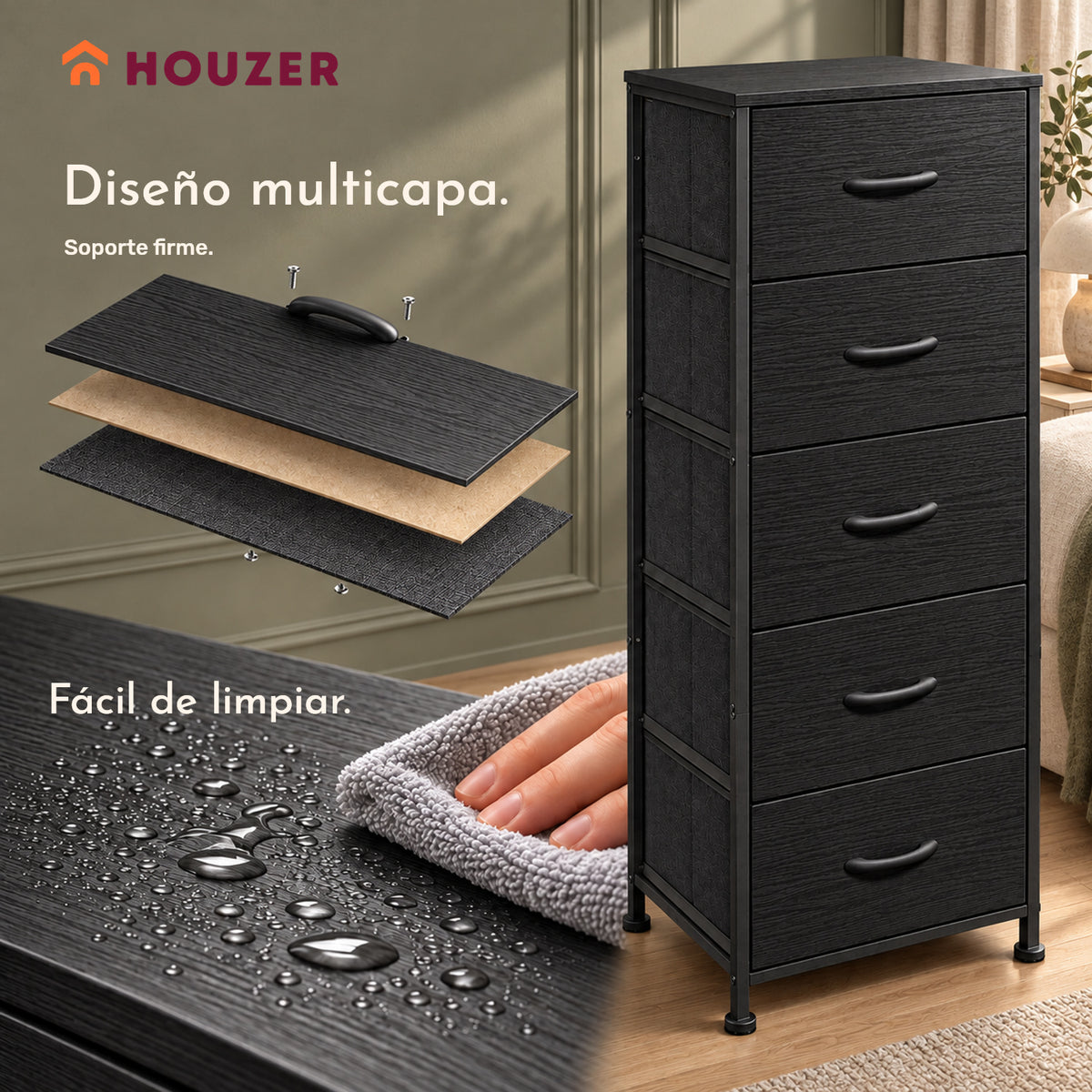 Comoda Cajonera Vertical 5 Cajones Acero Repisa Organizador Volcano